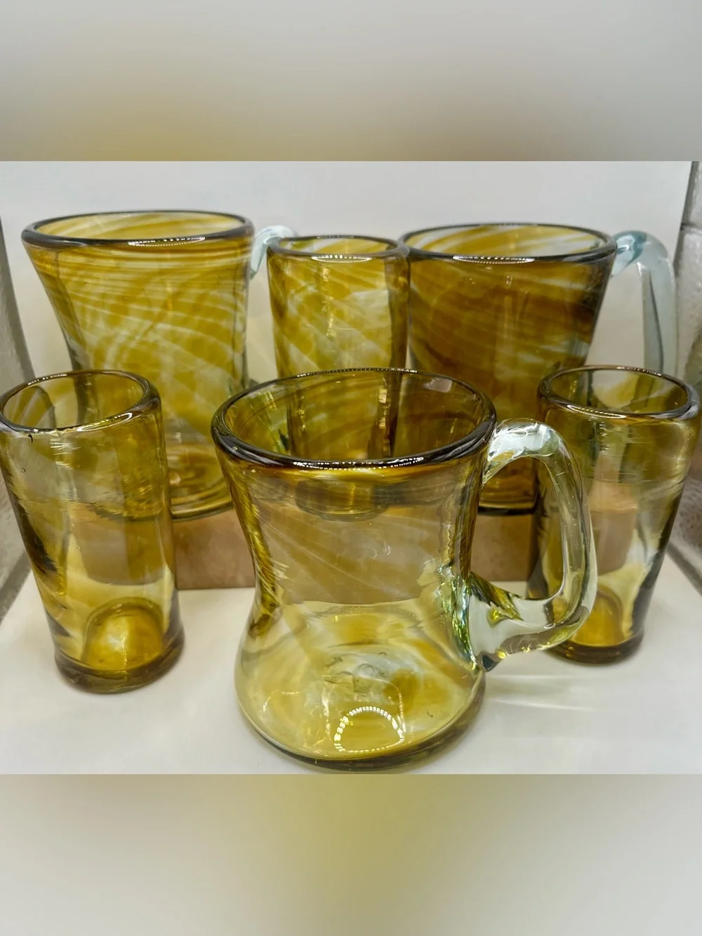 Hand-blown Mexican Glass Amber Swirl Mug & Shot Glass Set (6)